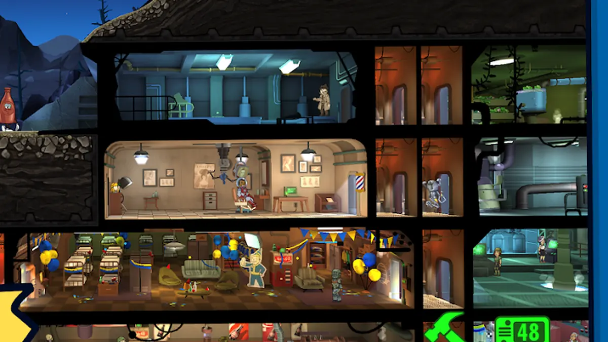 Patra krytu ve Fallout Shelter s obyvateli u pracovních stanovišť