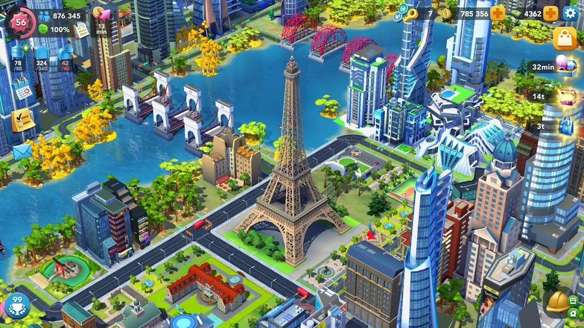 Centrum města v SimCity BuildIt s parkem a širokou třídou